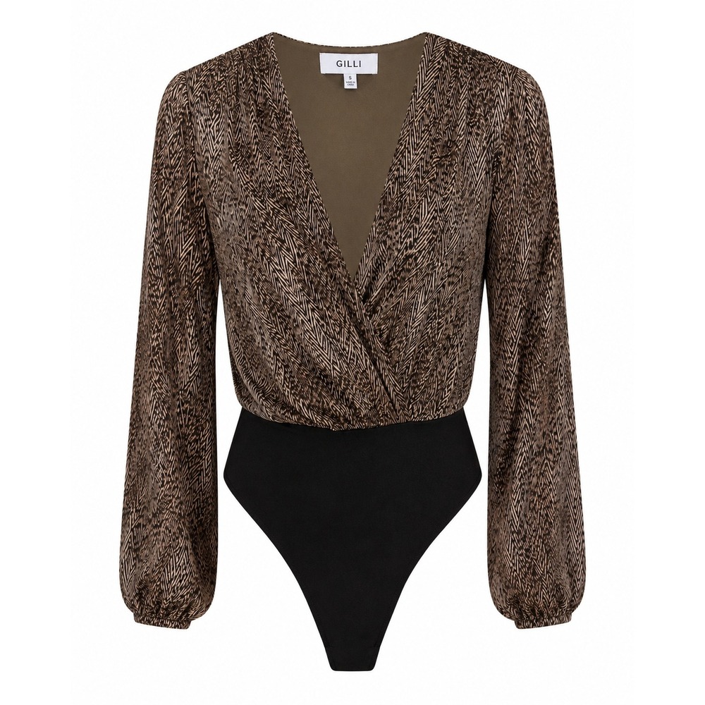 Gilli Womens Long Sleeve Surplice Wrap Bodysuit‎ Brown Black Chevron XS NWOT